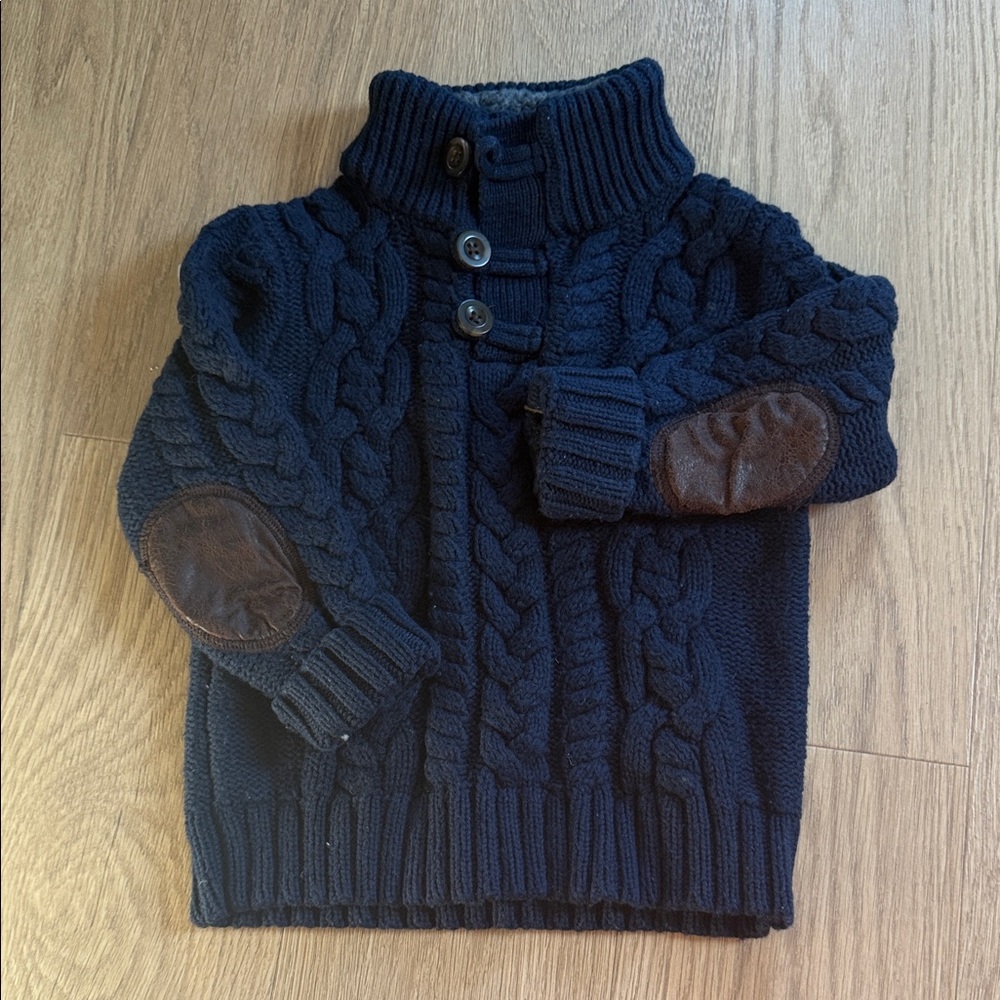 Baby GAP Navy Cable Knit Kids Cable Knit Sweater with Brown Elbow Patches 3 Year